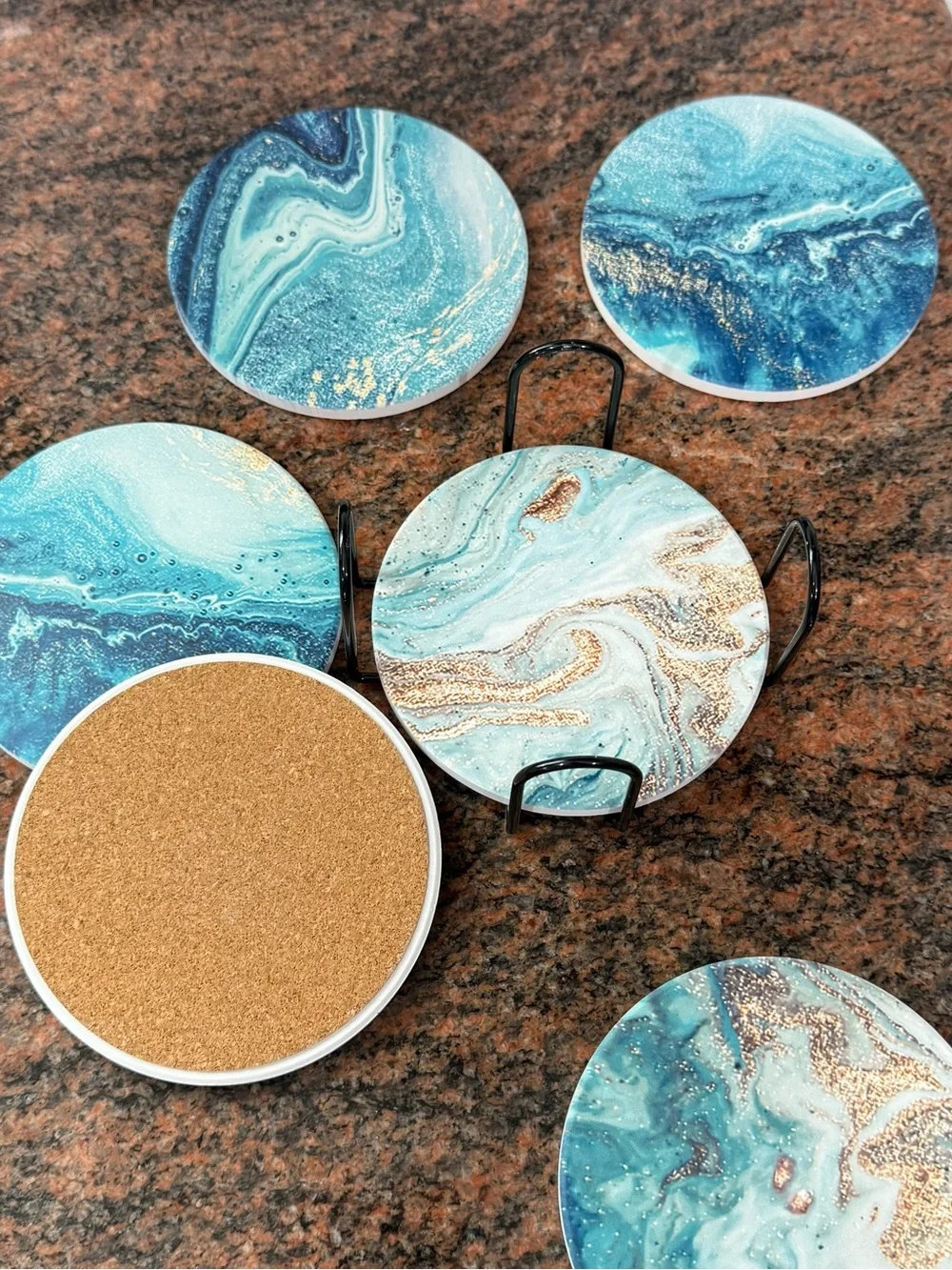 Blue Marble 6 piece Coaster Set with Black Metal Holder